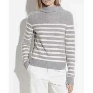 Vince Women's Gray Breton Stripe Boiled Cashmere Funnel Neck Sweater - Size XXS